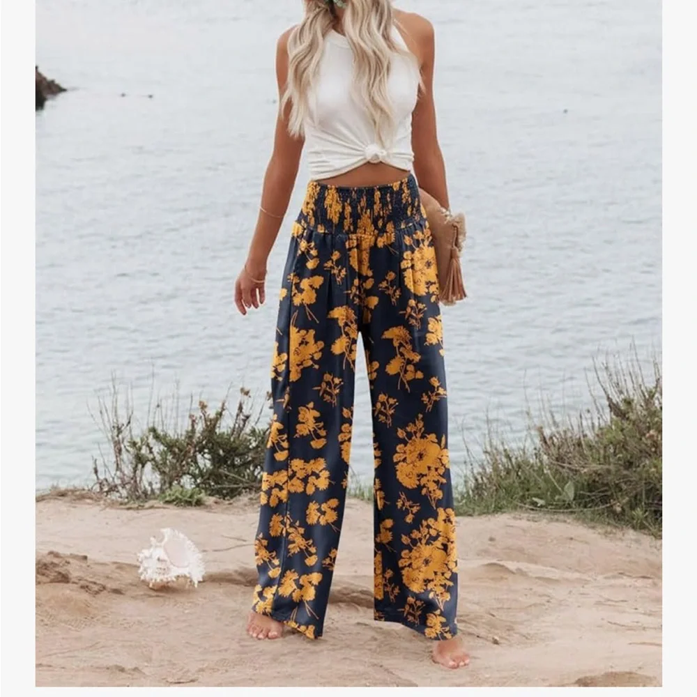 Navy and Orange Floral Palazzo Pants - Picture 2 of 10